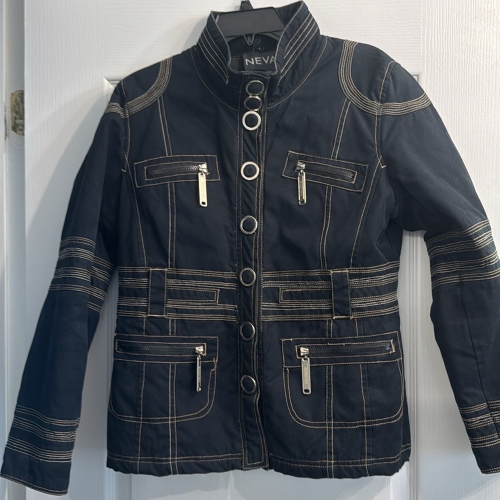 Dark blue Women's motorcycle quilted Jacket. Ptp 18” lenght 24” 100% co…